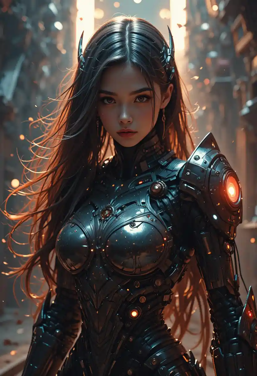 Mecha girl in dramatic dark scene with volumetric glow