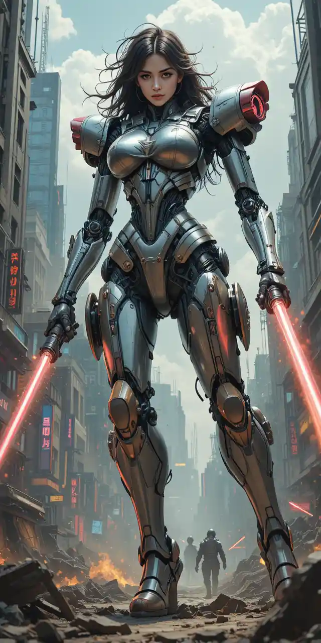 Giant mecha woman robot blasting lasers through city streets