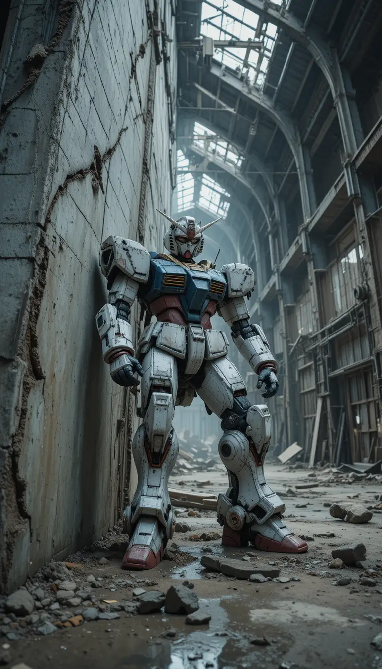 Cinematic low angle mecha in ruined industrial interior
