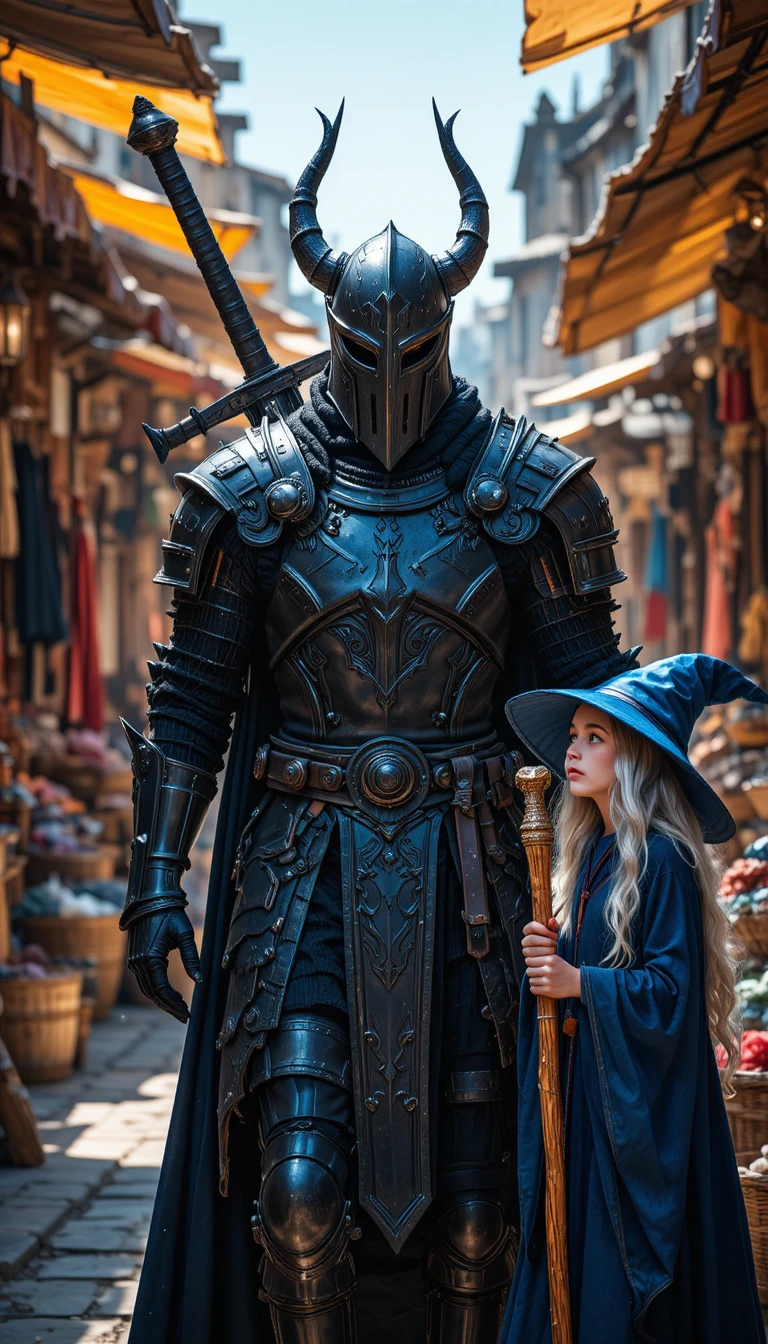 Dark armored knight walking through a bright medieval bazaar