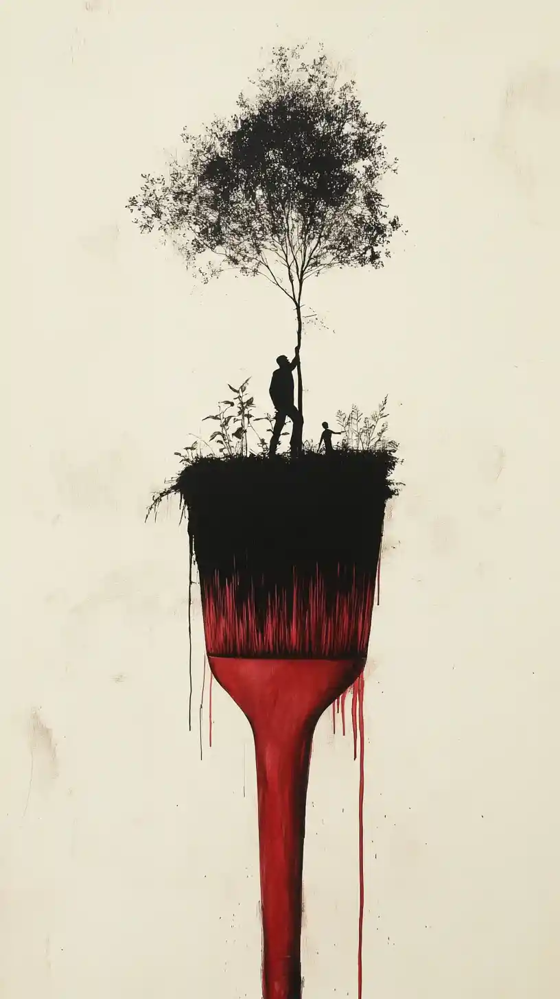 Pincel gigante que se alza como un árbol sobre un diminuto escalador