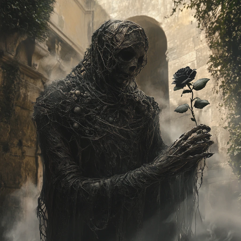 Ominous ghostly figure holding a dark rose in ruins