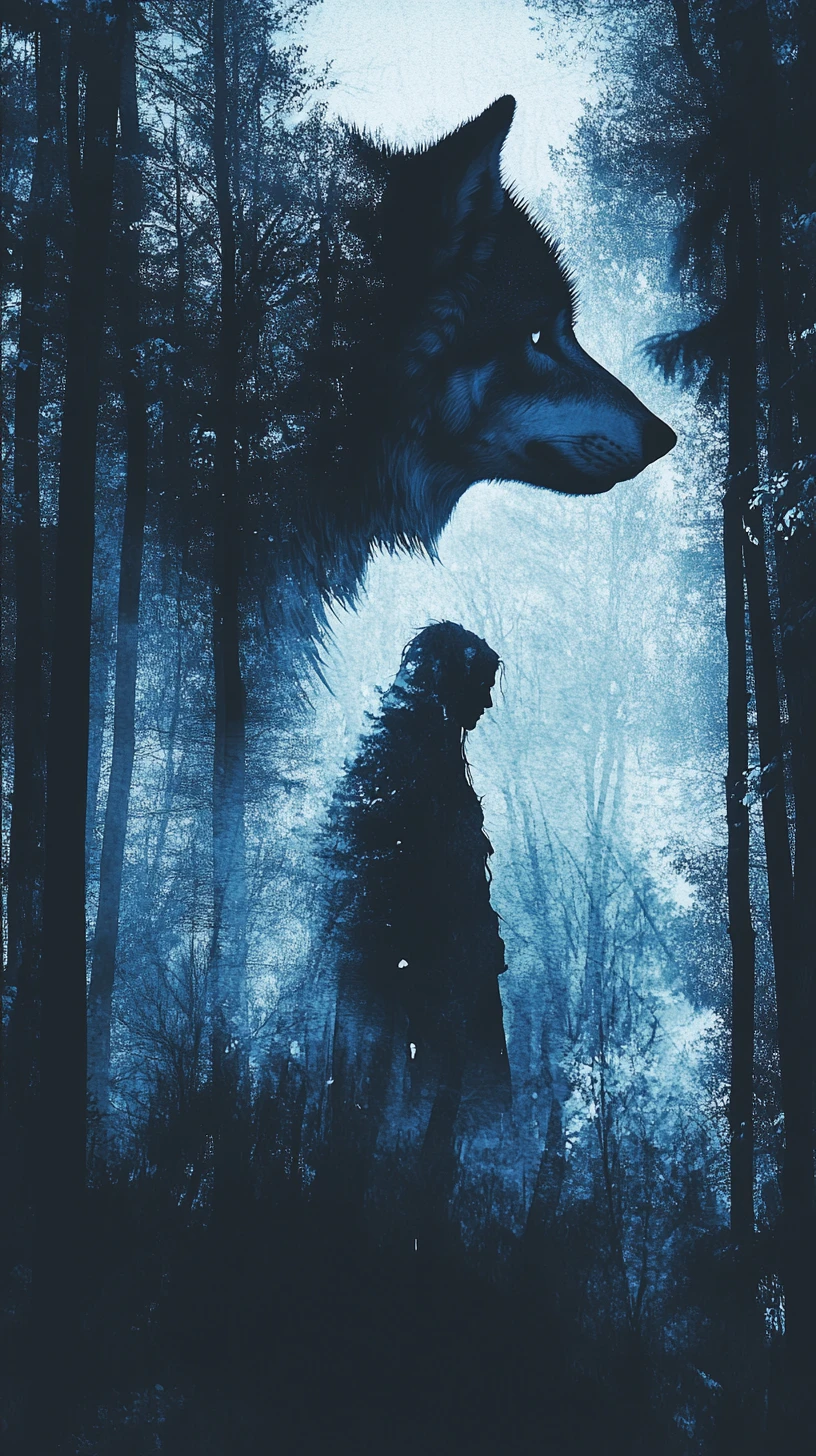 Wolf and human silhouette merging in a divided forest