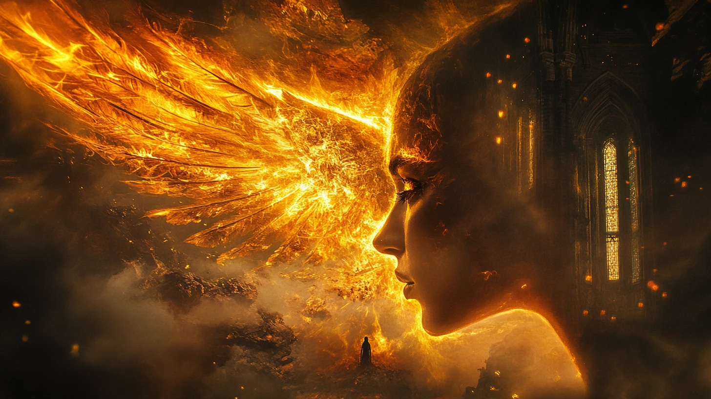 Surreal Phoenix And Woman Fusion In Sacred Ruin Double Exposure