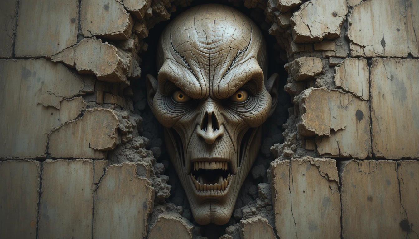 Visage de monstre géant et menaçant surgissant d’un mur sombre