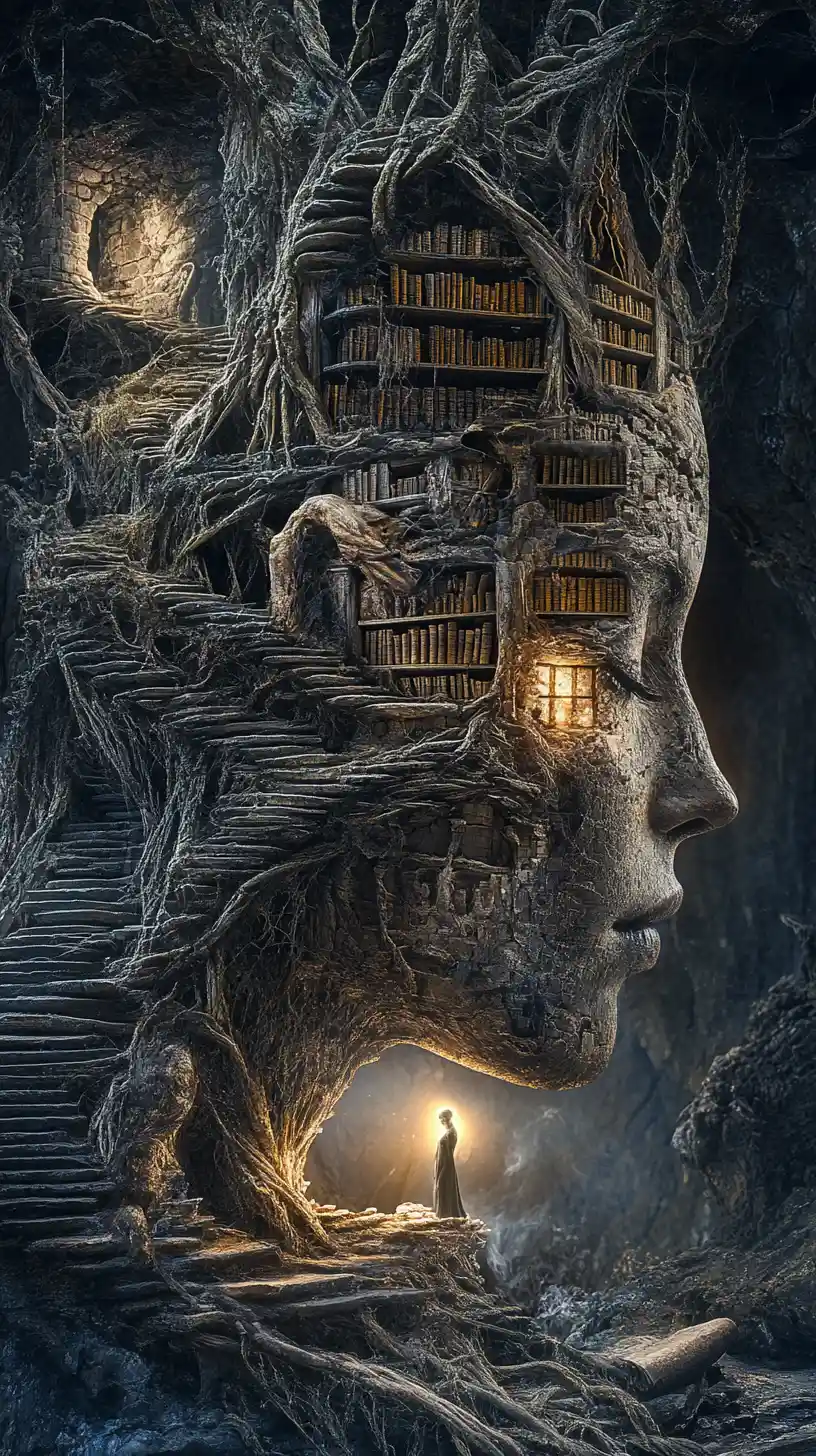 Surreal double exposure of woman and ancient gnome in library