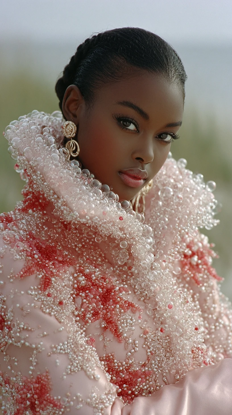 Black woman in sculptural pink opera coat holding bubbles