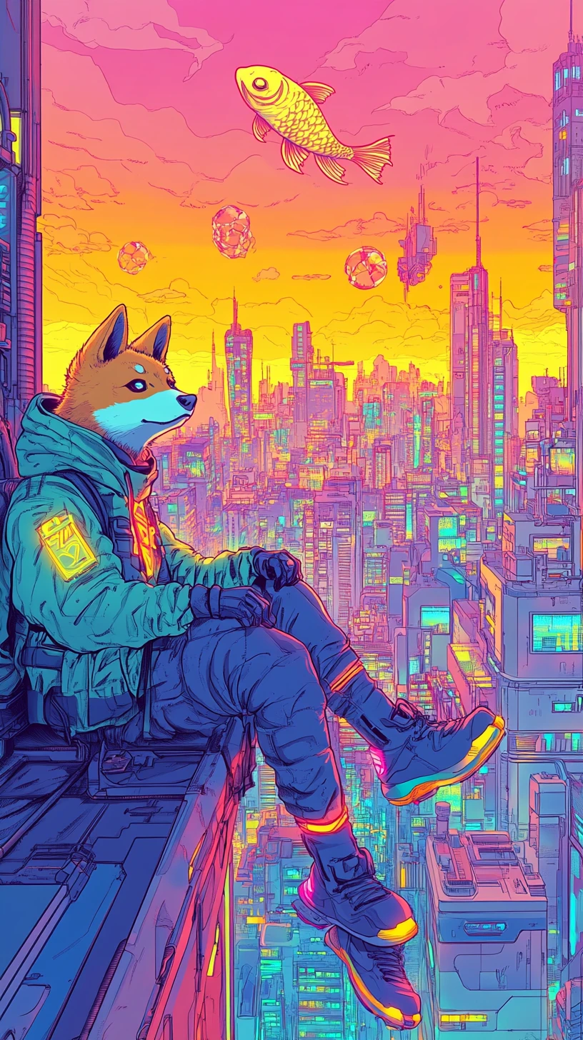 Astronauta Shiba Inu descansando sobre una ciudad futurista de neón
