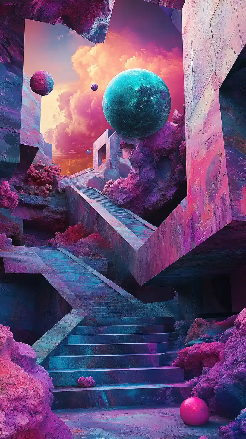 Surreal geometric portal in vivid colorful abstract space