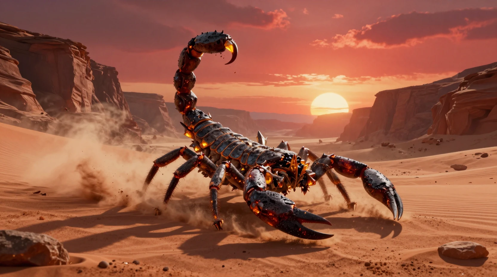 Colossal Fantasy Scorpion Crossing A Desert Canyon At Sunset