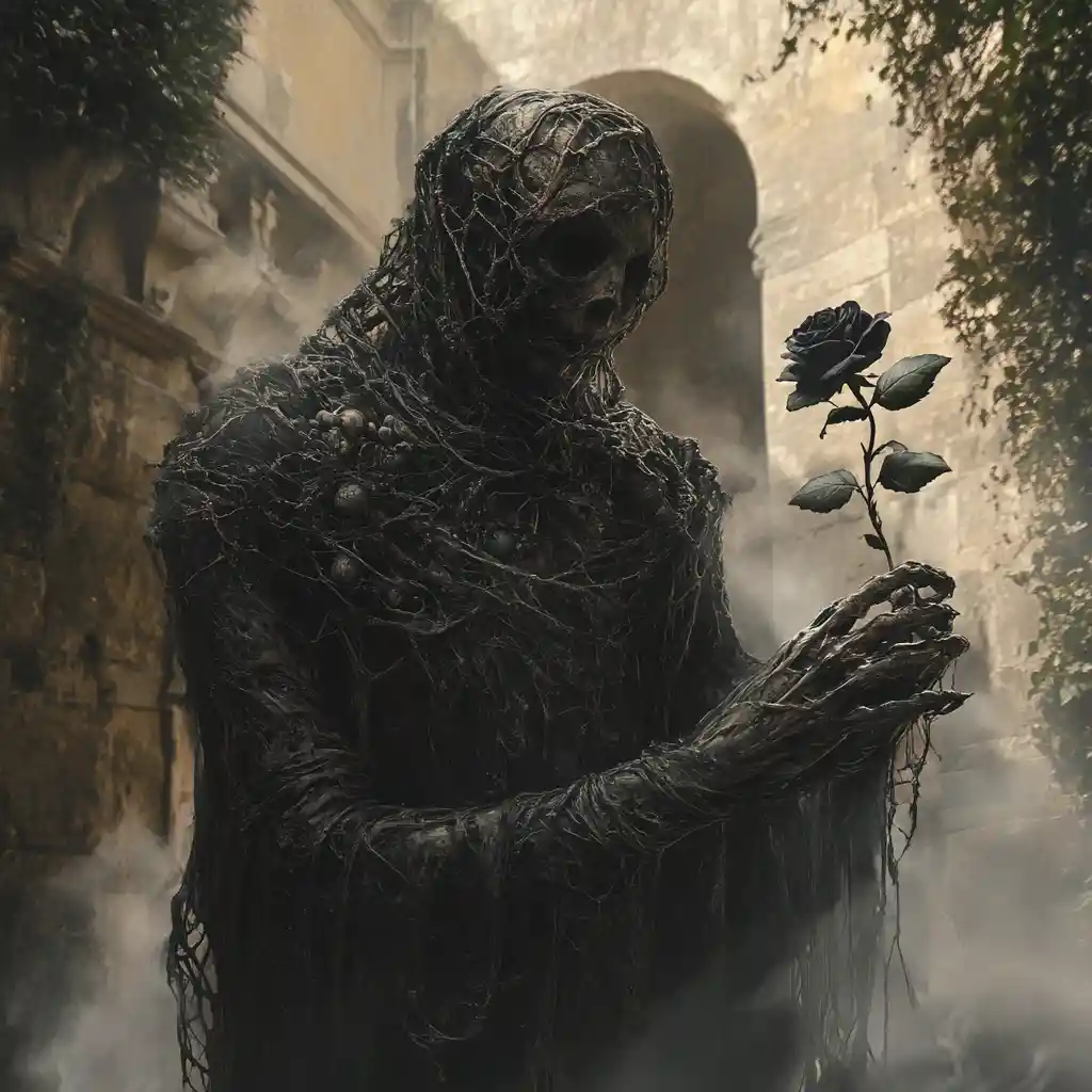 Ominous ghostly figure holding a dark rose in ruins