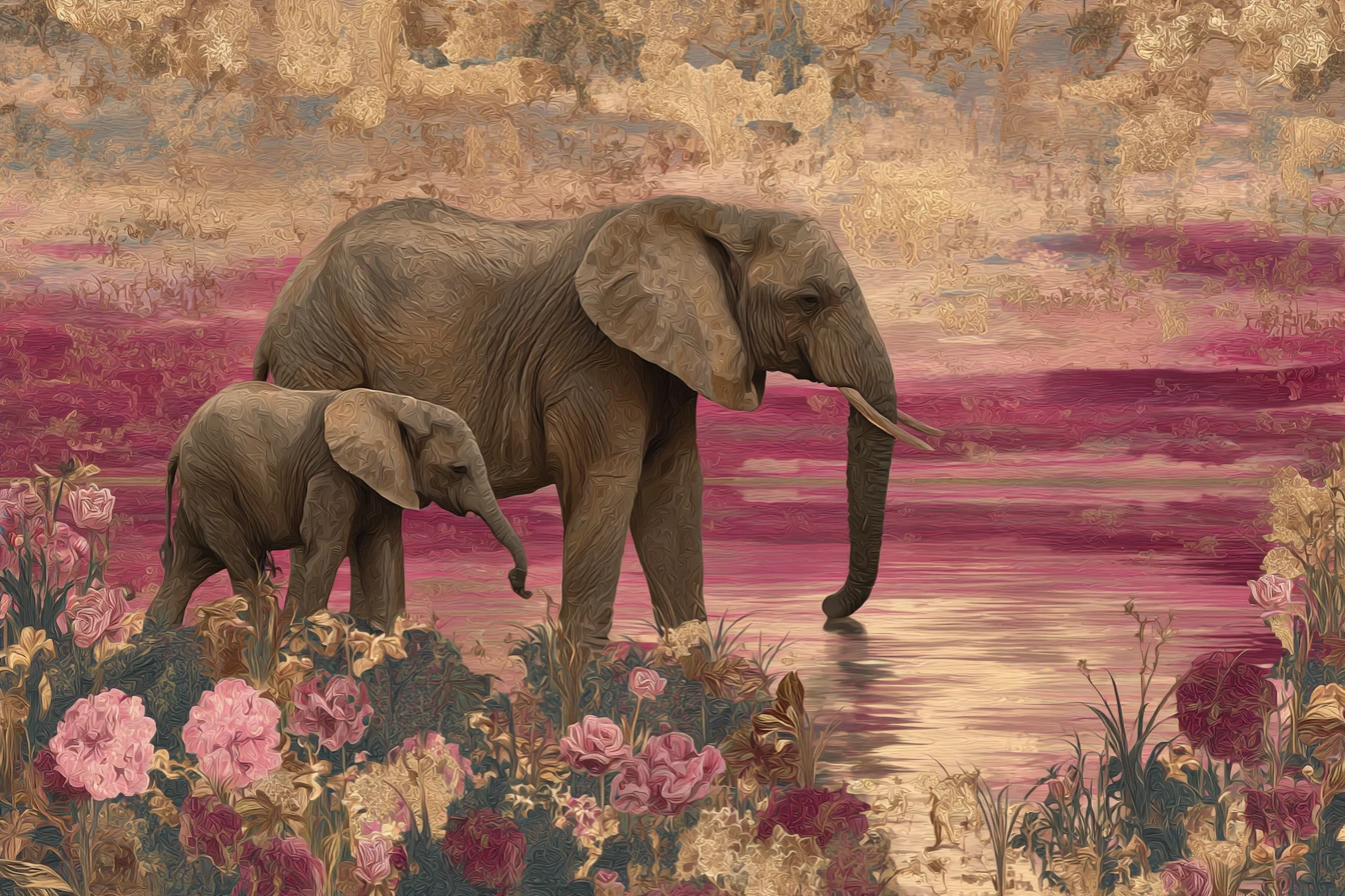 Elefanti alla pozza d’acqua del Serengeti sotto un tramonto dai toni gioiello