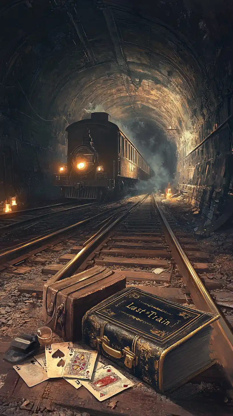 Gothic train disappearing into a dark tunnel with scattered relics