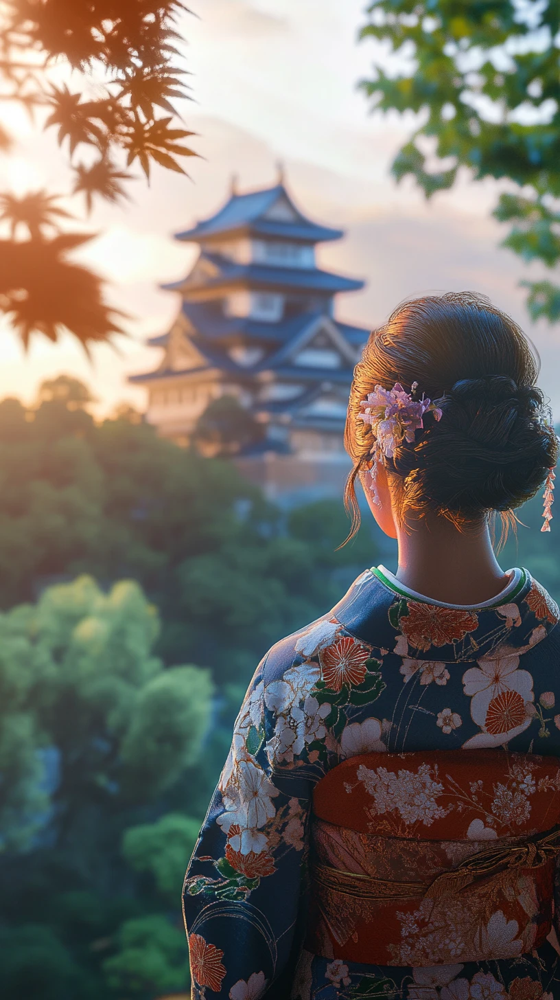 Novia moderna con kimono japonés frente a un suave fondo de castillo
