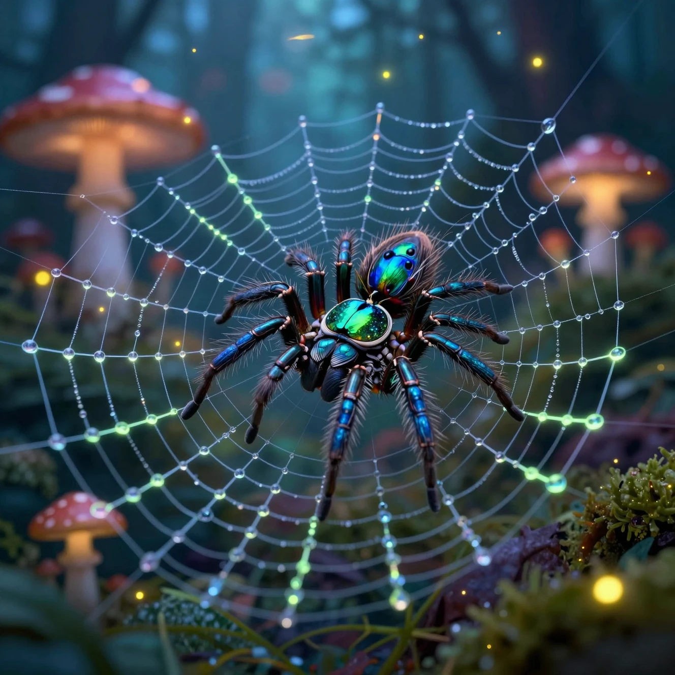 Jewel toned peacock spider weaving silk in twilight forest