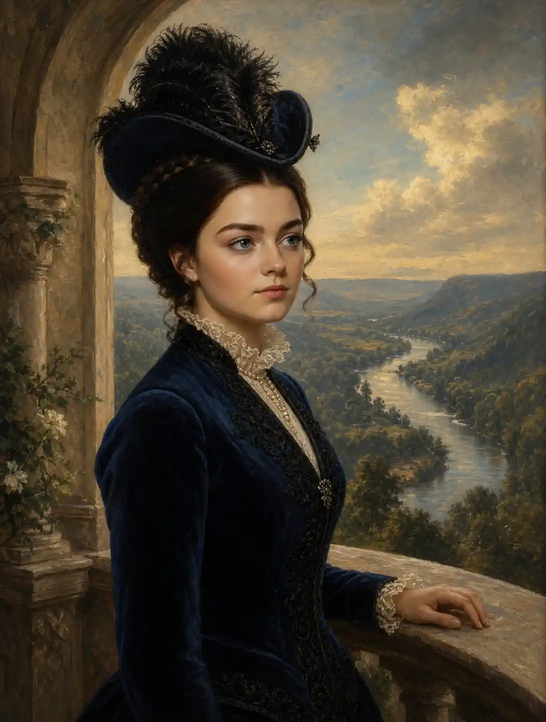 Young victorian woman on balcony in quiet morning light