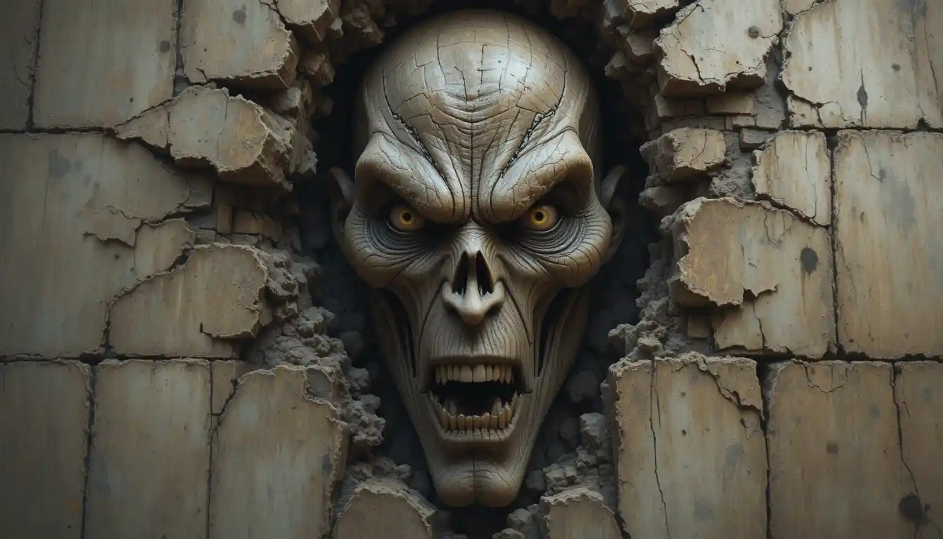 Giant menacing monster face emerging from a dark wall
