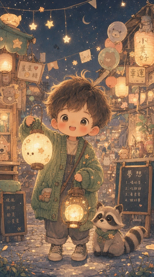 Whimsical boy with lantern and raccoon at night market