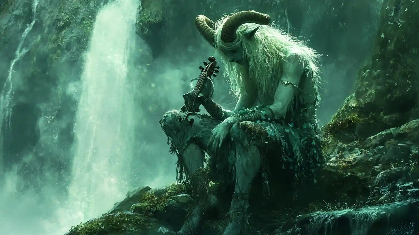 Androgynous satyr playing violin beneath a misty waterfall