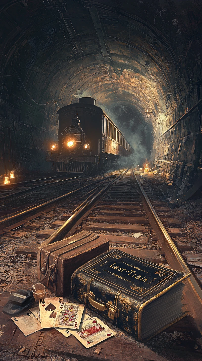 Gothic train disappearing into a dark tunnel with scattered relics