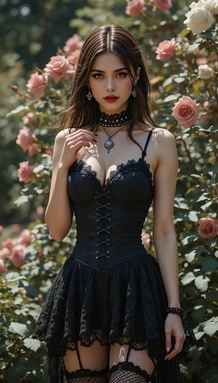 Goth woman in black lace dress standing in sunlit garden
