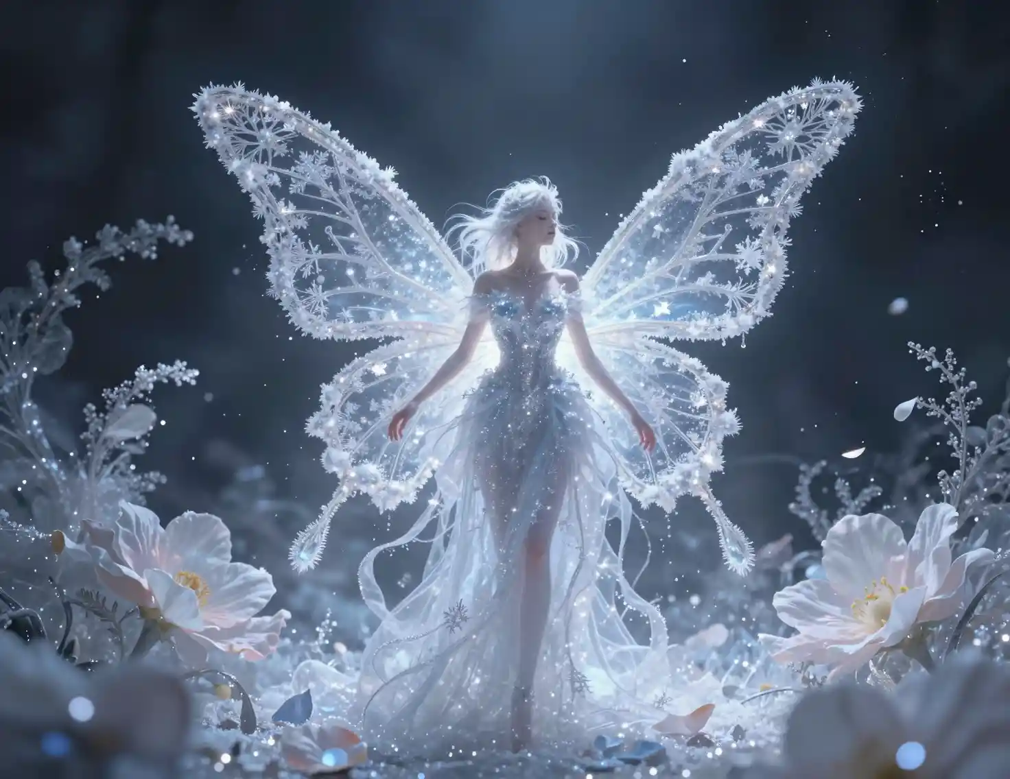 Fairy Formed From Sparkling Snowflakes And Flower Petals