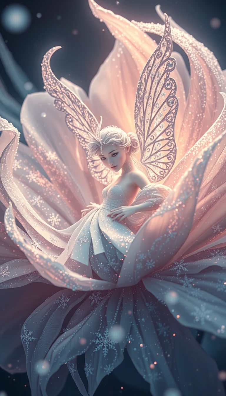 Fairy Formed From Sparkling Snowflakes And Flower Petals