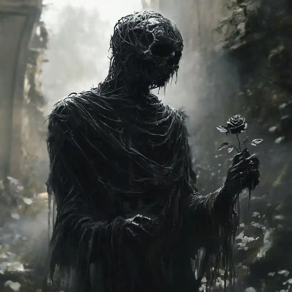 Ghostly figure holding a dark rose in misty ruins