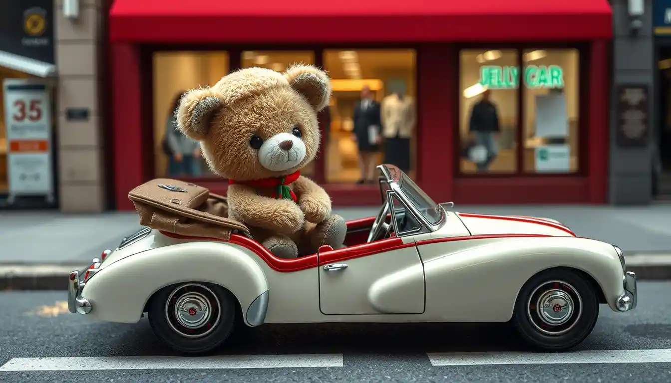 Cute toy character in a soft knit animated city scene