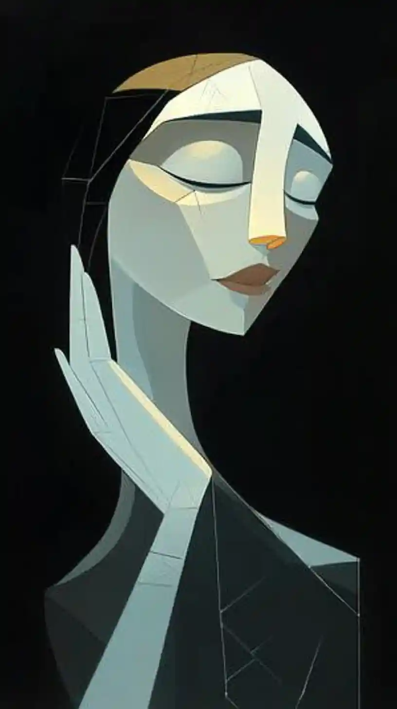 Colorful math symbols forming a contemplative golden woman