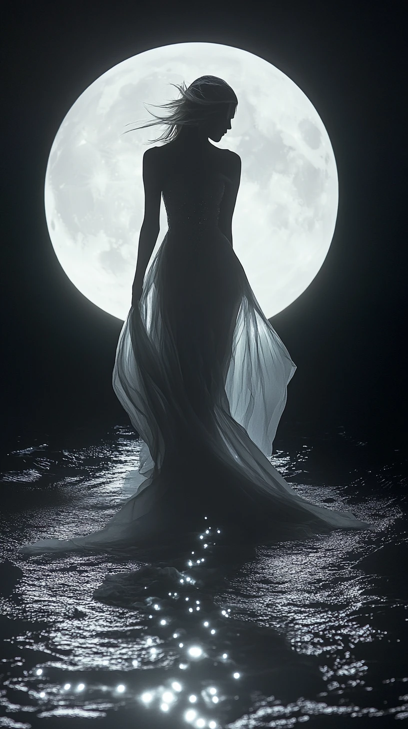 Woman stepping from crescent moon portal into flowing star river