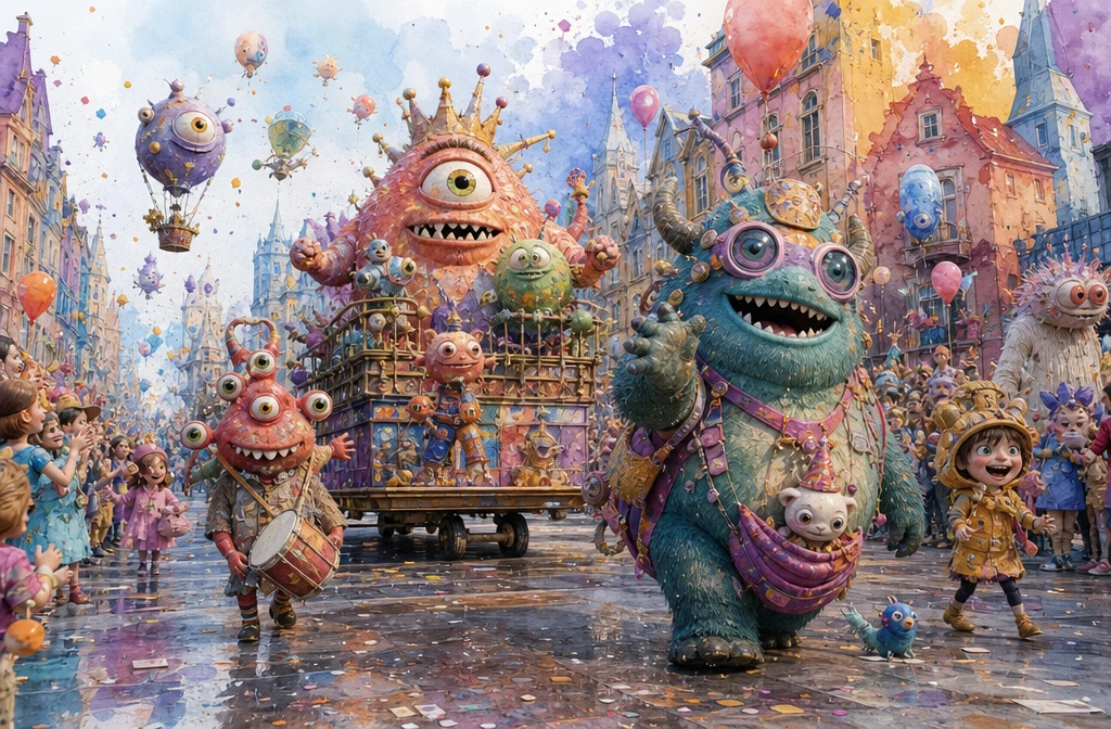 Whimsical monster parade marching through colorful city streets