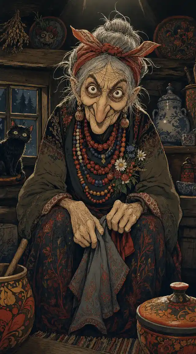 Caricatured elderly woman in a log house with beaded necklace