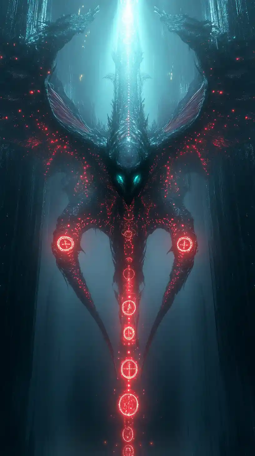 Colossal angelic leviathan rising from cosmic darkness