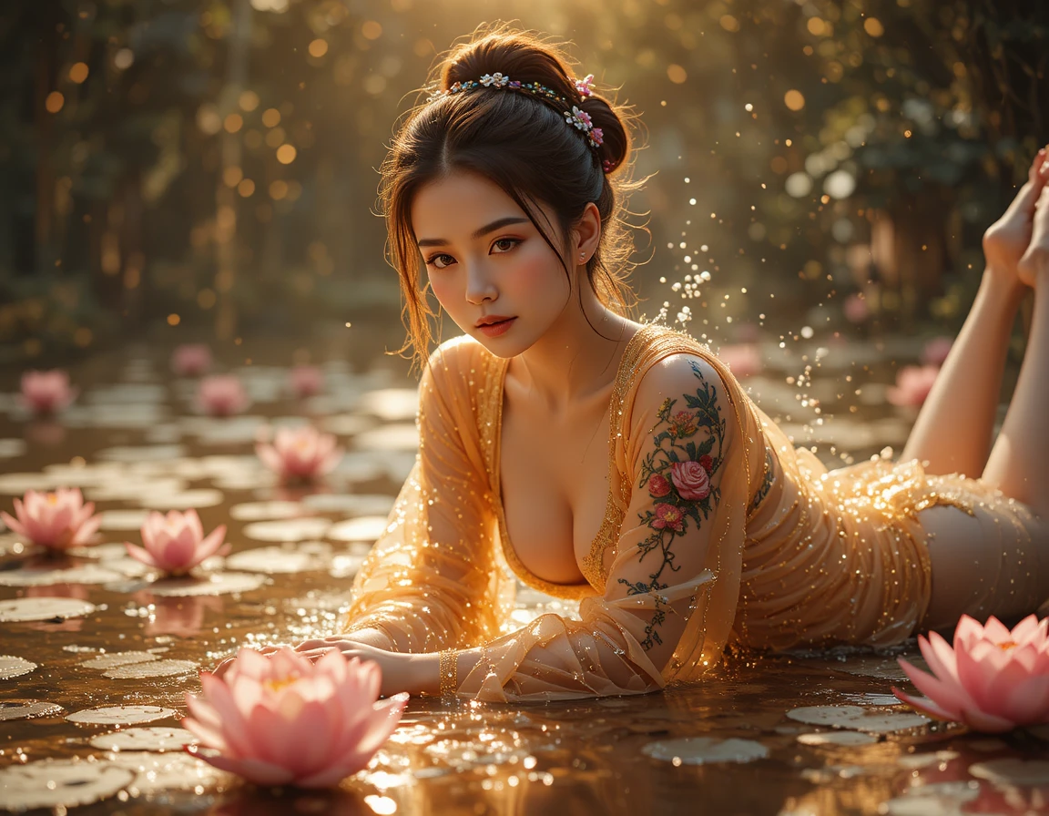 Asian woman in kimono lying beside shimmering golden water