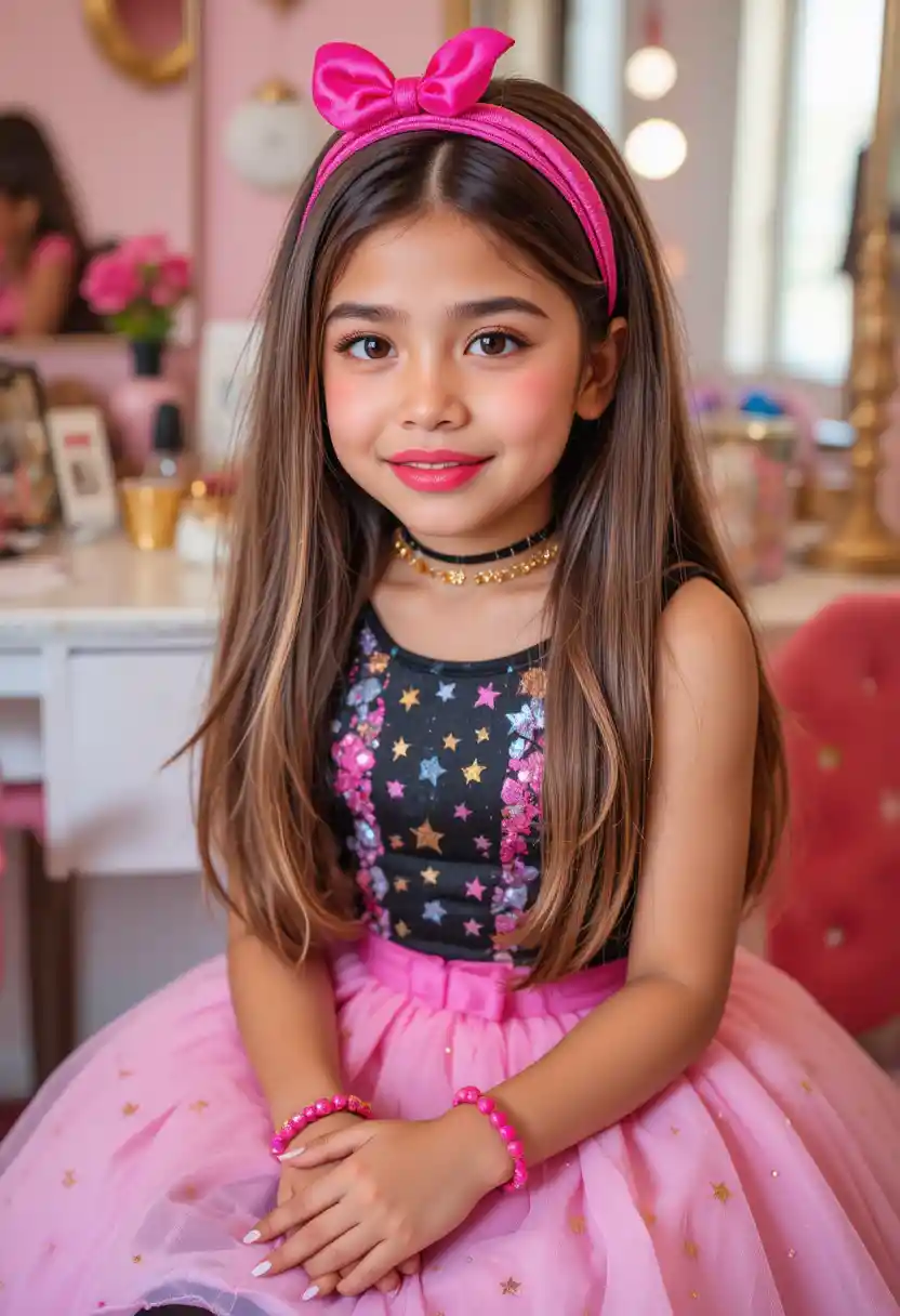 Shy tween in pink star dress at bedroom vanity mirror