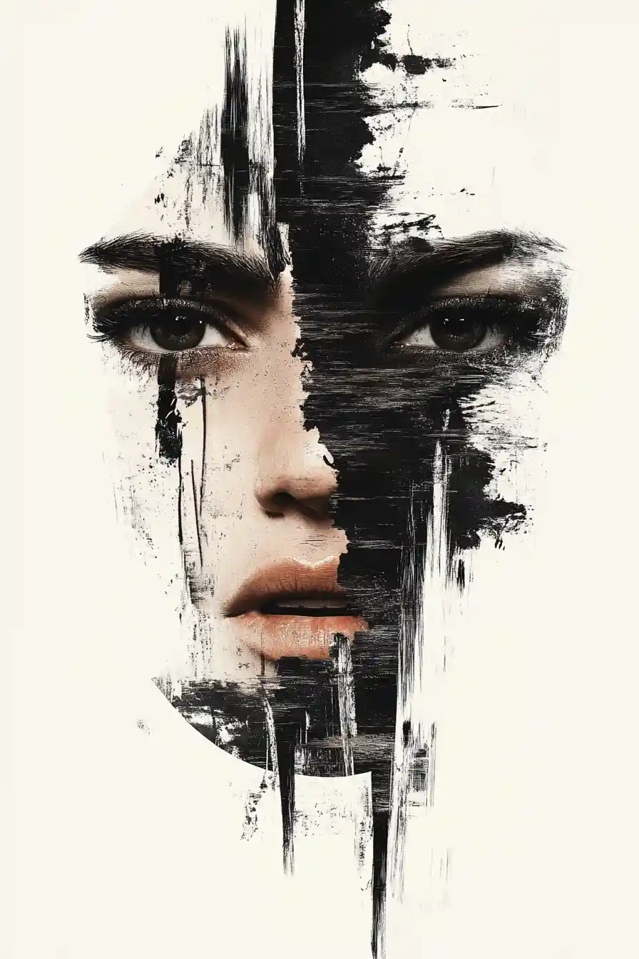 Fragmented black and white digital portrait of a face