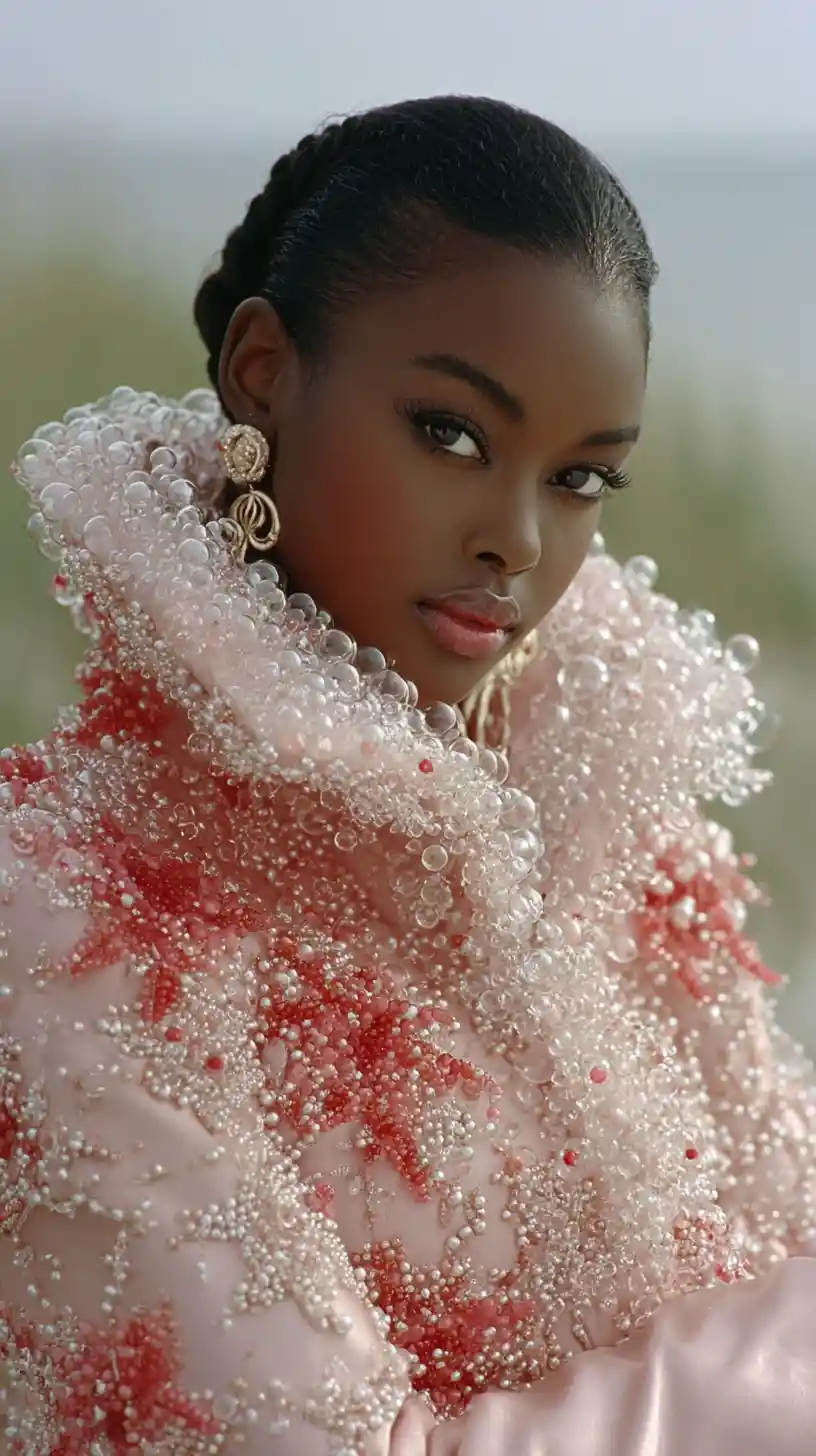 Black woman in sculptural pink opera coat holding bubbles