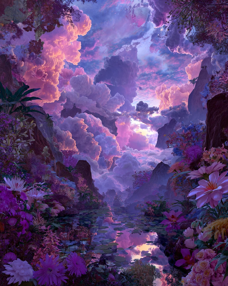Paisaje onírico de fantasía surreal que fusiona naturaleza y elementos musicales