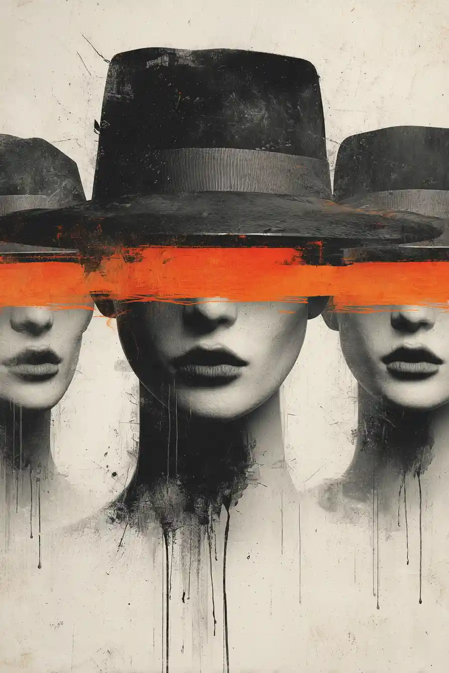 Surreal trio of androgynous portraits with obscured neon eyes