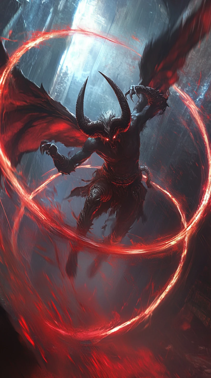 Horned demon spinning through runes with glowing red energy