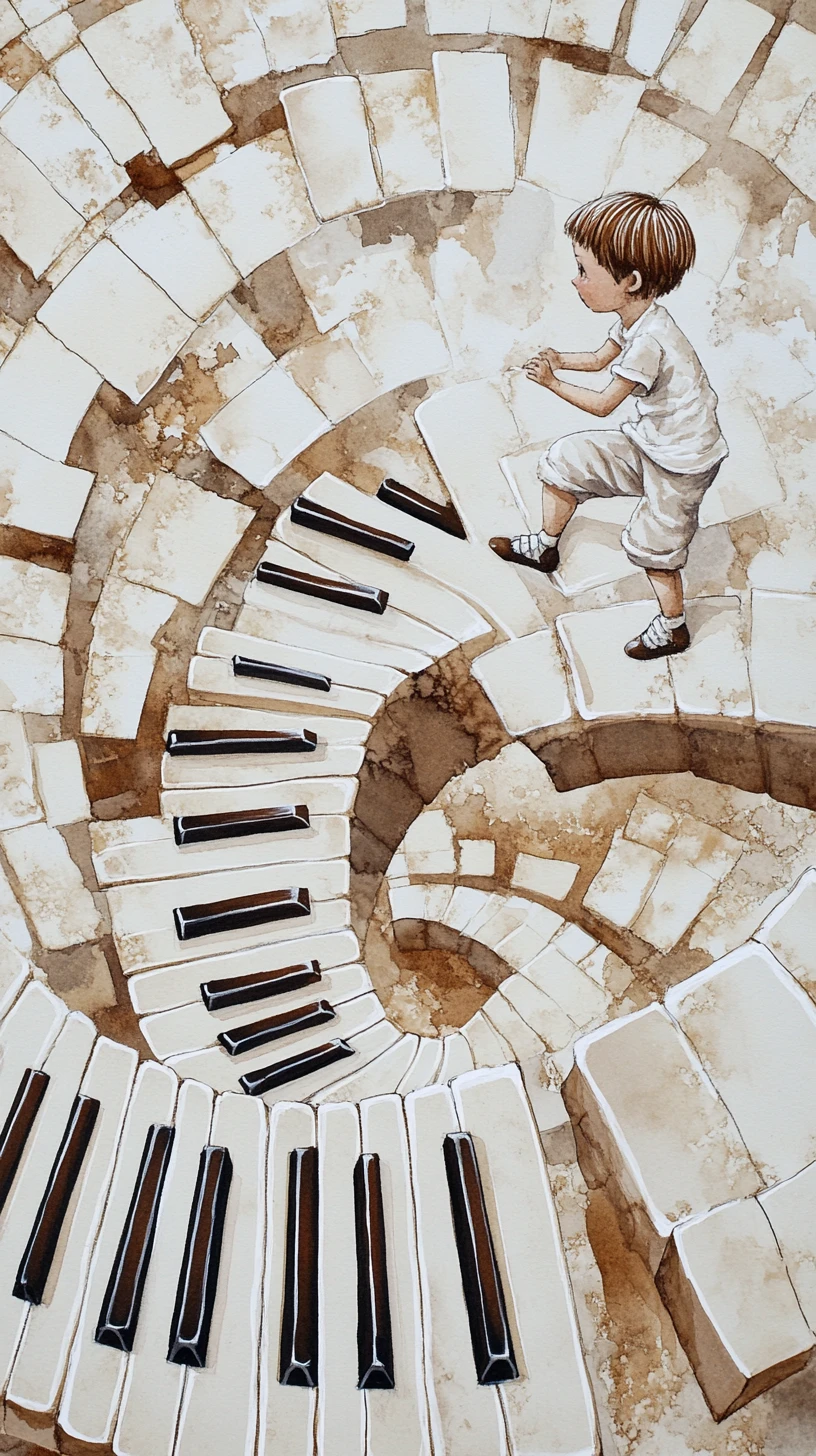 Child Climbing Spiral Piano Stairs In Surreal Ink Illustration