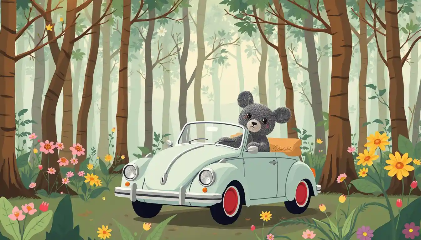 Cute bear cub in overalls in a flat design forest