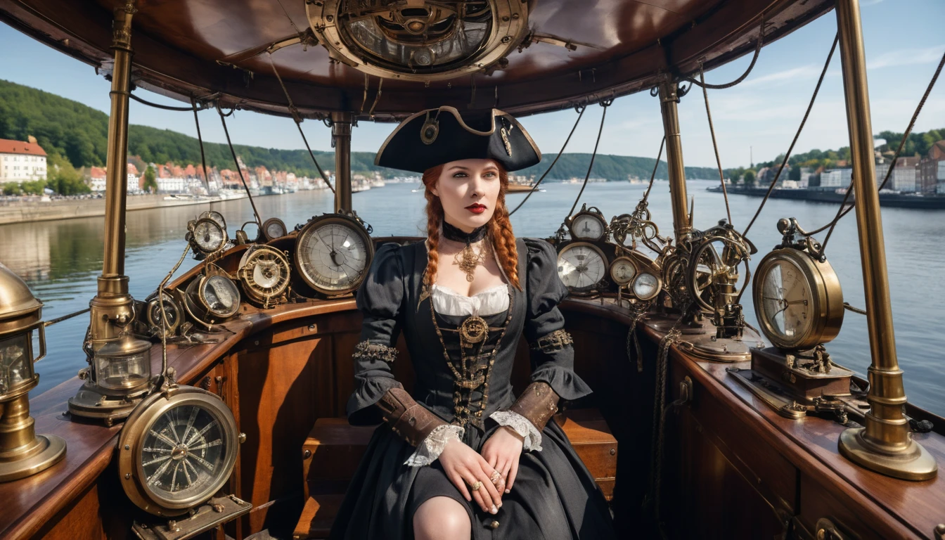 Surreale Steampunk-Piratenkönigin auf einem Navigations­tisch aus Messing