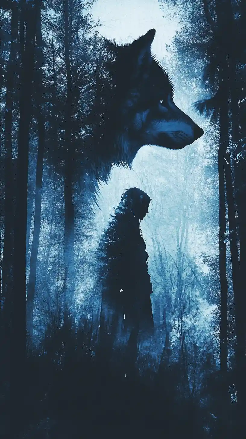 Wolf and human silhouette merging in a divided forest
