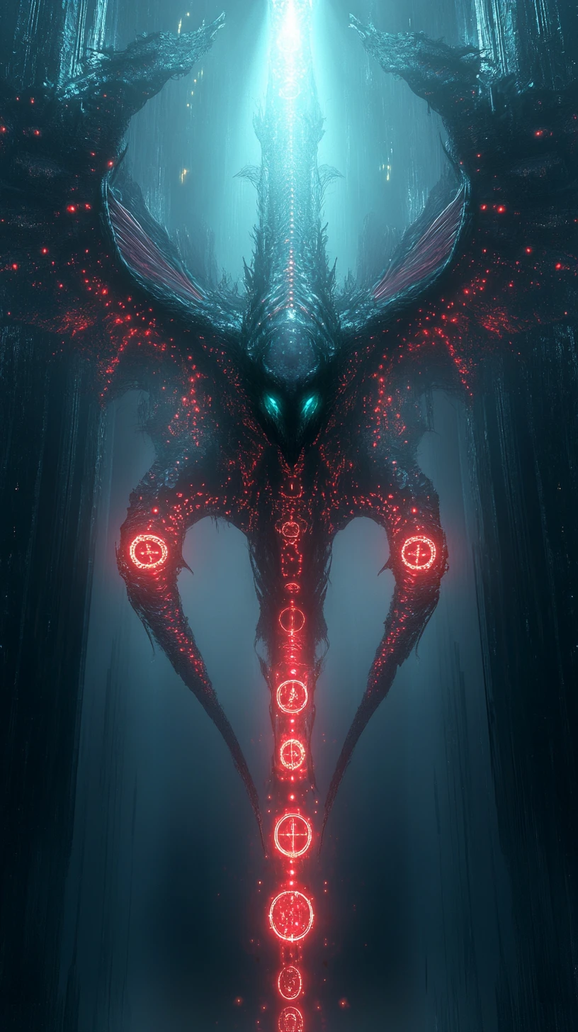 Colossal angelic leviathan rising from cosmic darkness