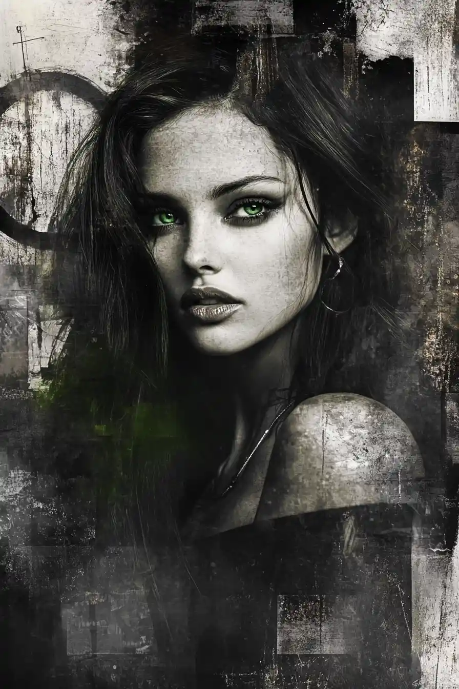 Edgy girl portrait with green eyes and rose lips