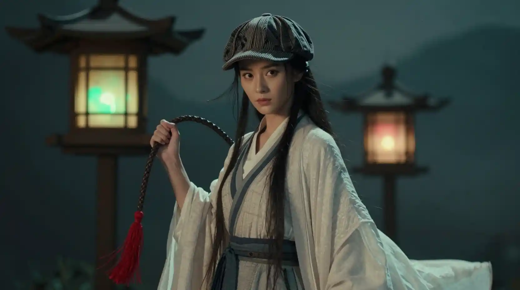 Mysterious Chinese woman with whip under glowing night lanterns