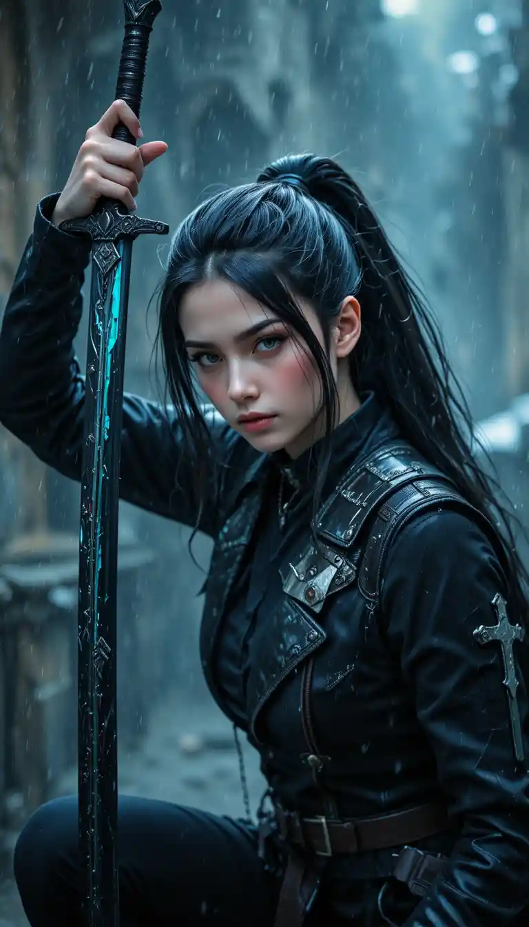 Warrior woman raising black sword in a stormy rain