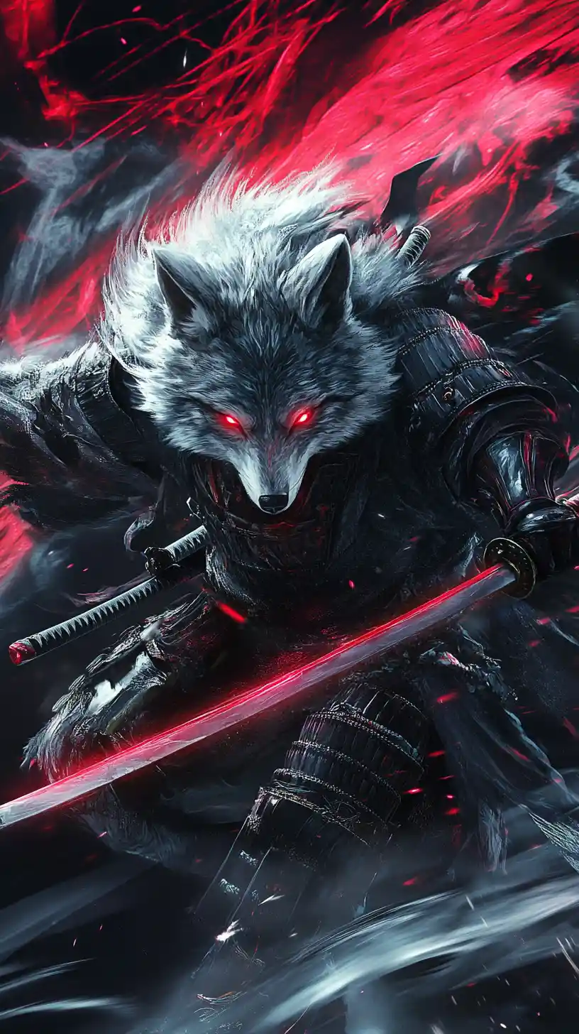 Spectral samurai wolf lunging through fractured space
